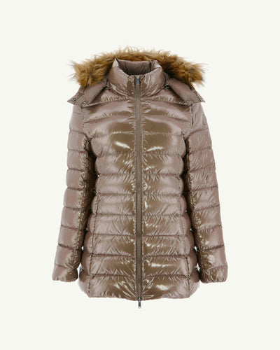 Doudoune mi-longue laquée Grand Froid Taupe Perle